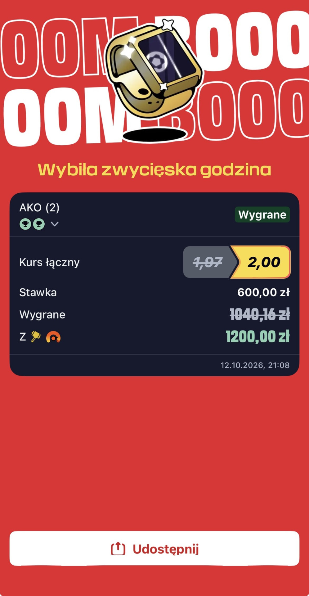 Wygrany Kupon AKO (2) z 12.10.2026