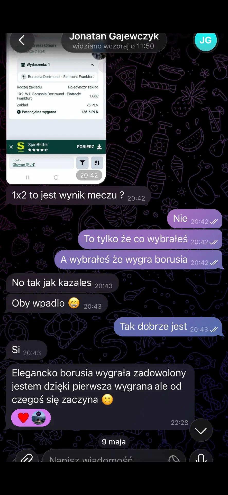 Wiadomość od klienta (Telegram): „Pierwsza wygrana, zadowolony jestem”